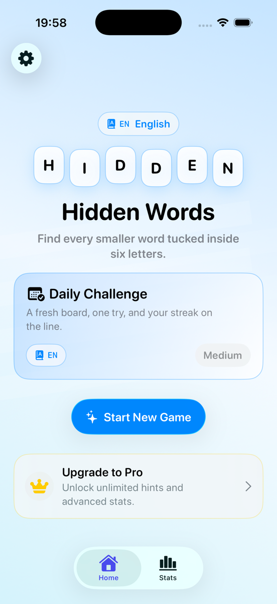 Hidden Word Puzzle home screen showing a daily challenge and six letter tiles