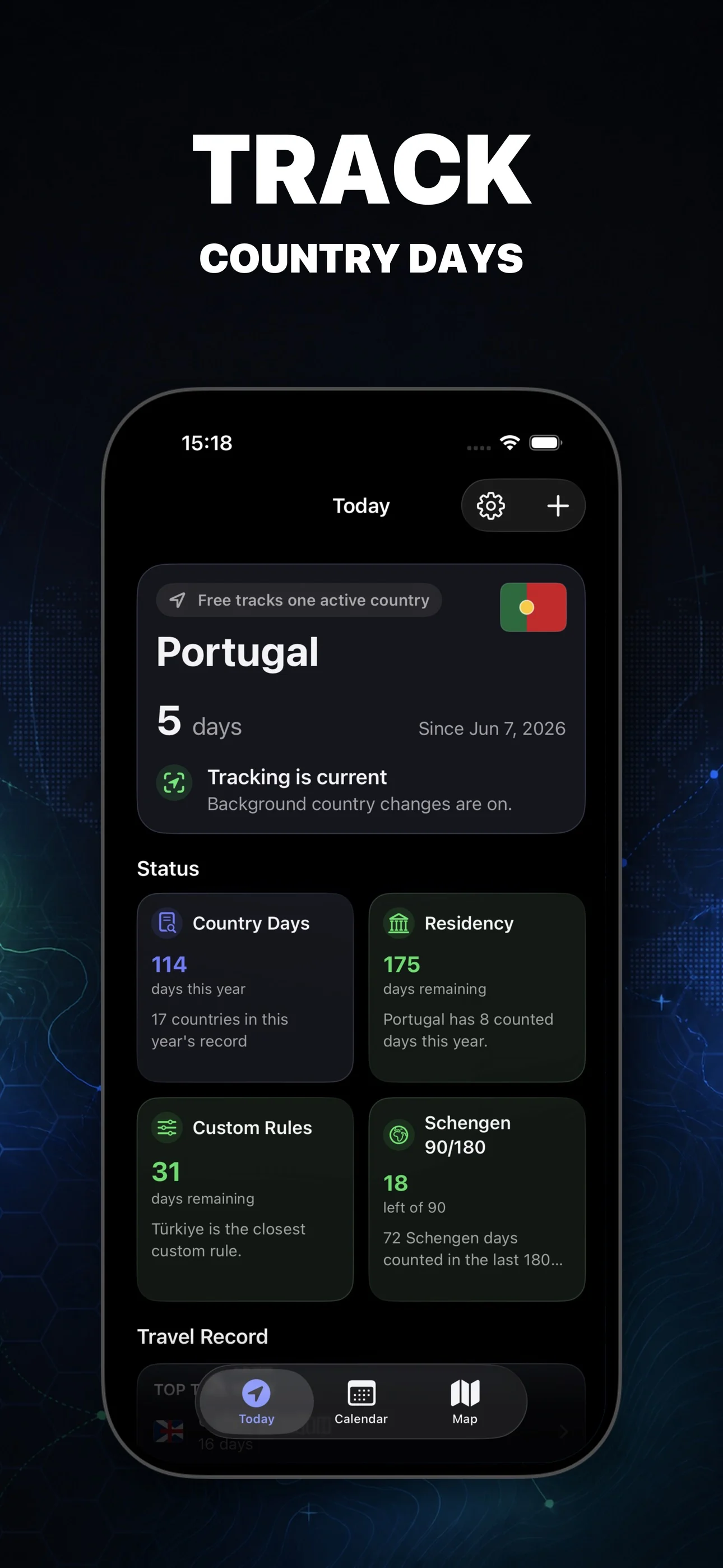 Abroad showing country-day tracking for Portugal with residency, Schengen, and custom rule counts on iPhone