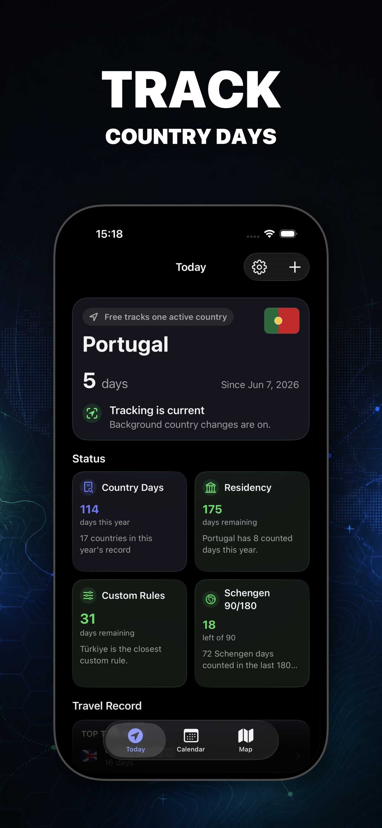 Abroad dashboard showing country-day tracking and travel status