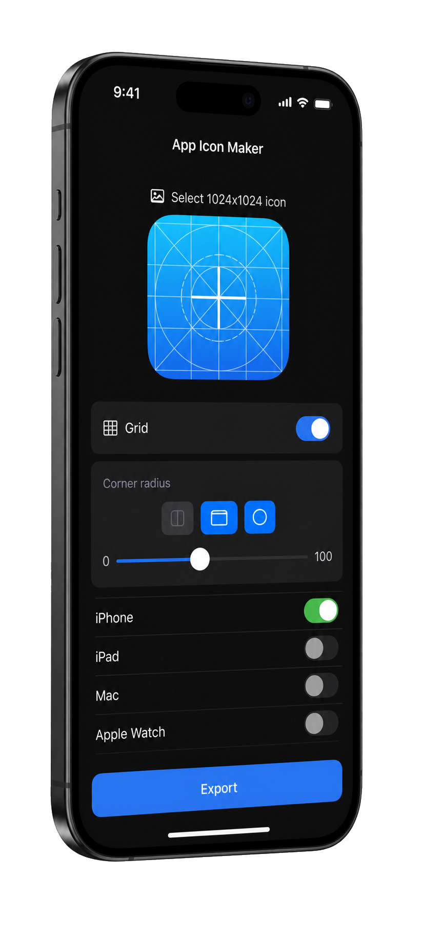 AppIcon Maker showing icon size, grid, radius, and platform export controls on iPhone