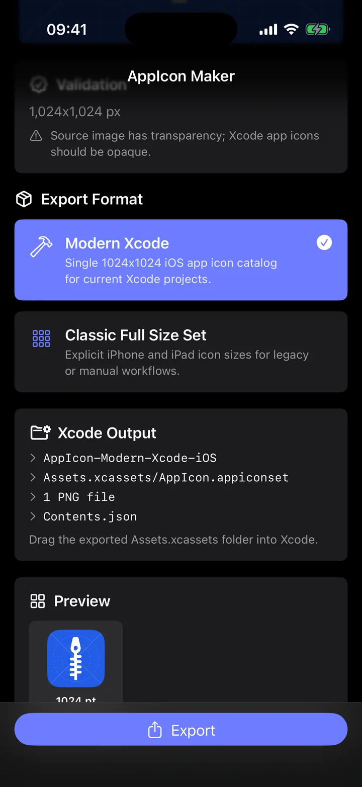 Detail of AppIcon Maker on iPhone: Modern Xcode selected as the export format with Classic Full Size Set below, the Xcode Output listing AppIcon-Modern-Xcode-iOS, Assets.xcassets/AppIcon.appiconset, 1 PNG file and Contents.json, a preview and the Export button
