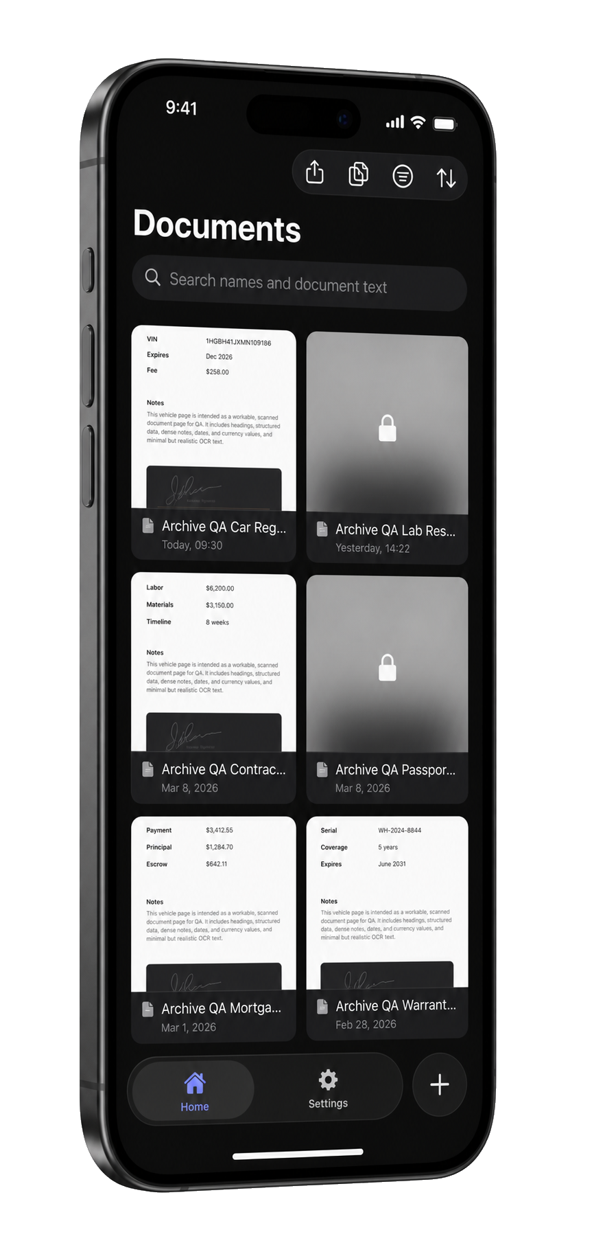 Archive showing a private scanned document library with searchable PDF cards on iPhone