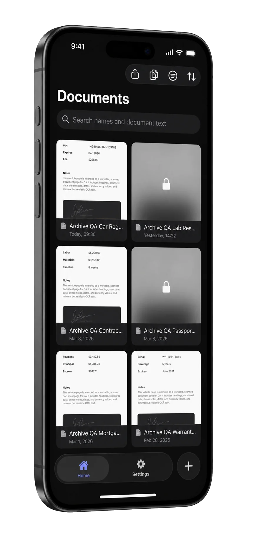 Archive library showing locally stored and locked document cards on iPhone