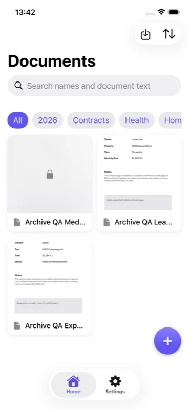 Archive document library with tags, search, and locally stored document cards
