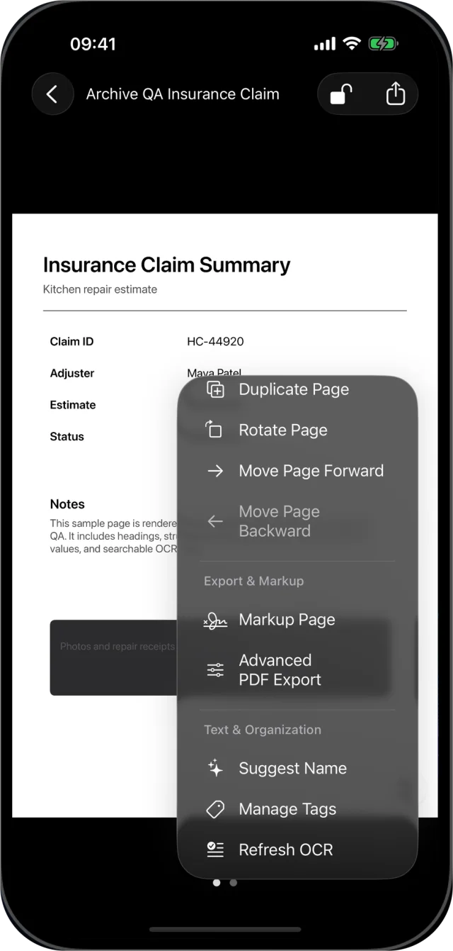 Archive page menu: duplicate, rotate and move pages, markup, advanced PDF export, suggest name, manage tags and refresh OCR