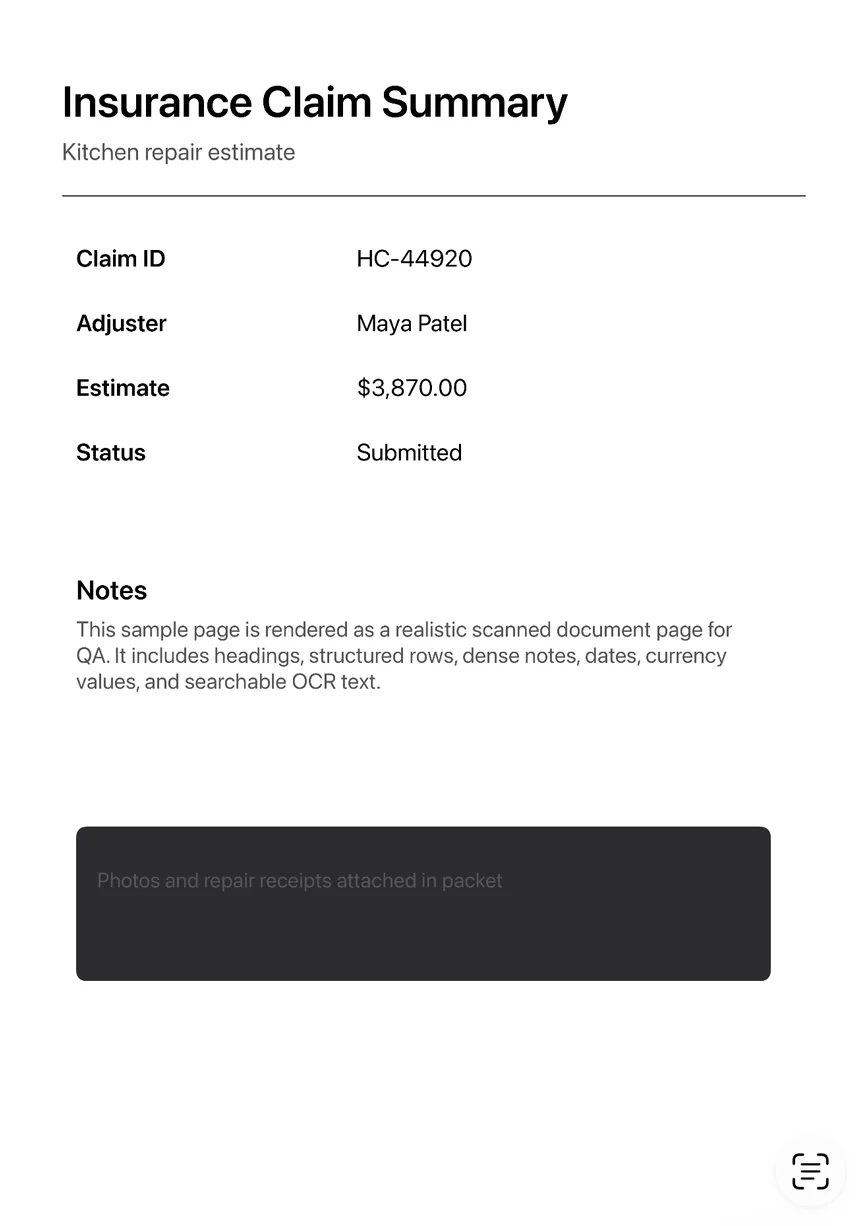 The Insurance Claim Summary page exported from Archive, laid on the desk as a sheet of paper