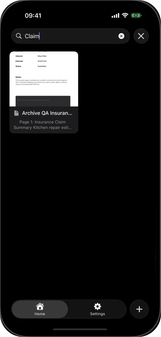 Searching Archive for the word Claim finds the Insurance Claim document from text on page 1