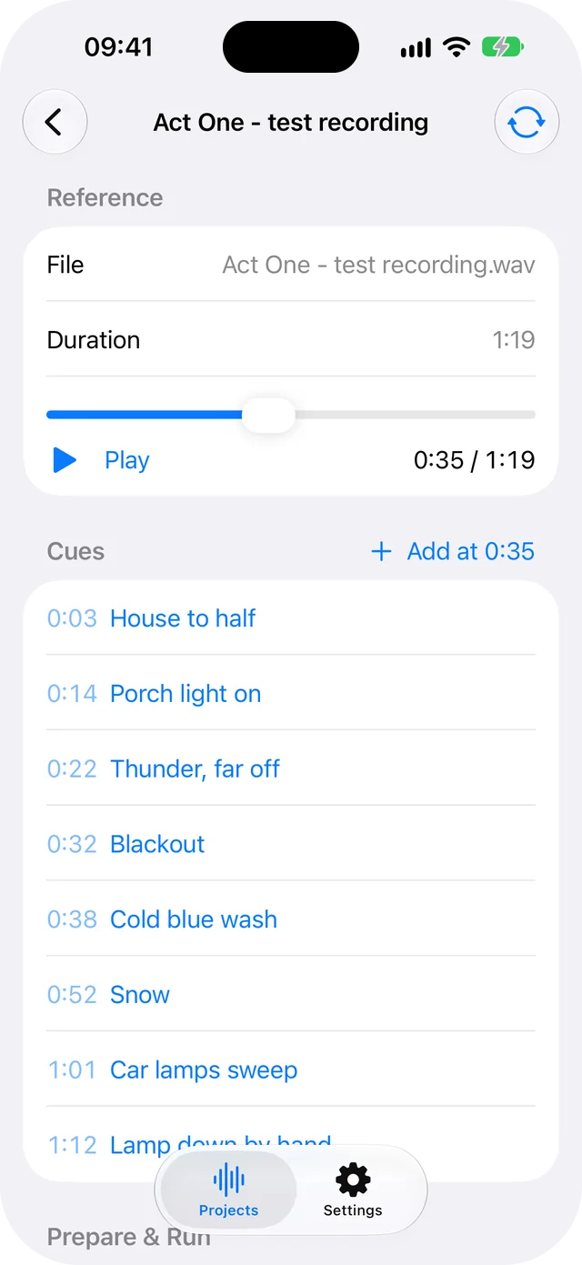 AudioCue project screen: reference file Act One - test recording.wav, duration 1:19, the playback position at 0:35 with an Add at 0:35 button, and eight cue cards from 0:03 House to half to 1:12 Lamp down by hand