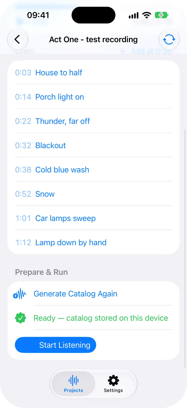 The same project scrolled to Prepare and Run: the eight cue cards, Generate Catalog Again, a green line reading Ready, catalog stored on this device, and a Start Listening button