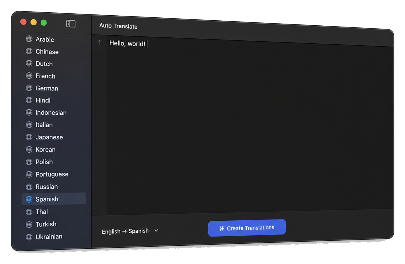 AutoTranslate showing a macOS localization window with languages, editor text, and translation controls