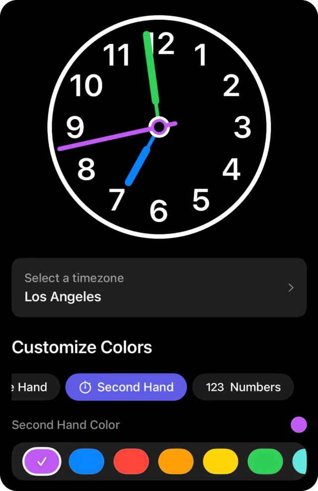 Editing Clock 2 in Clock Widget Creator: an analog face, time zone set to Los Angeles, and a row of second-hand colors with purple selected