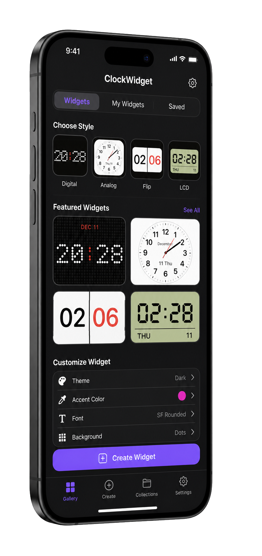 ClockWidget showing a gallery of analog, digital, flip, and LCD clock widgets on iPhone