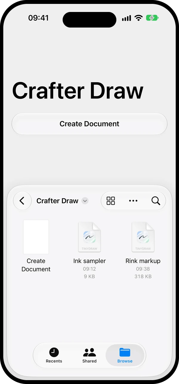 Crafter Draw’s document browser on iPhone: a Create Document button above the Crafter Draw folder, which holds two drawings, Ink sampler at 9 KB and Rink markup at 318 KB