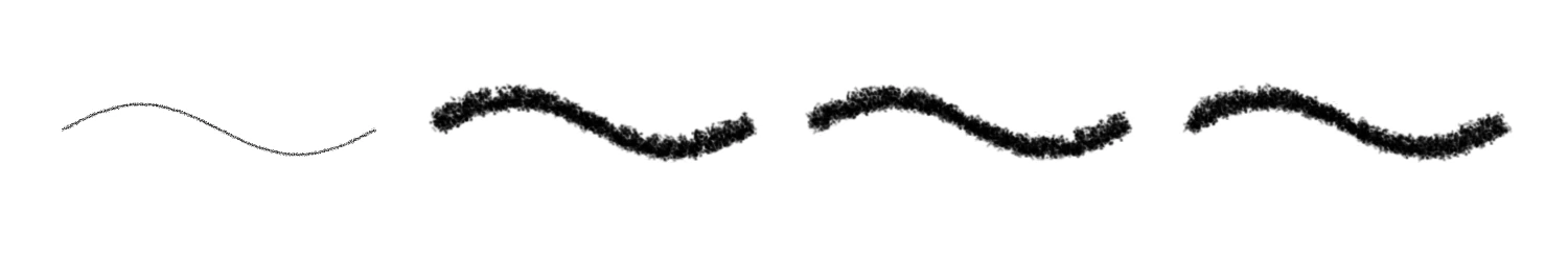 Four pencil strokes drawn in Crafter Draw: a hairline at the lowest size, then three grainy graphite lines of about the same thickness