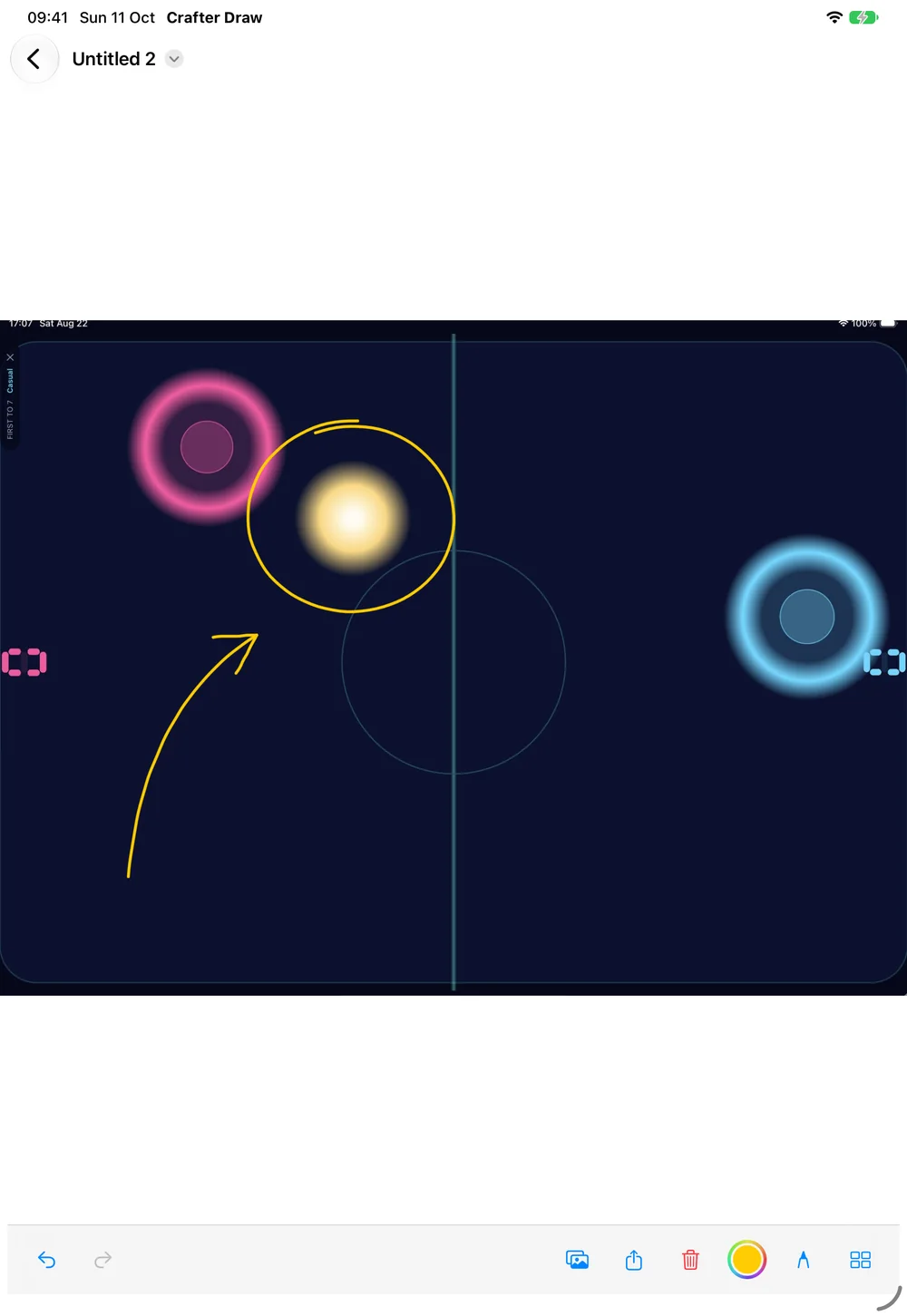 Crafter Draw on iPad marking up an image: a screen from an air hockey game with the puck circled in yellow pen and a hand-drawn arrow pointing to it, above the drawing toolbar