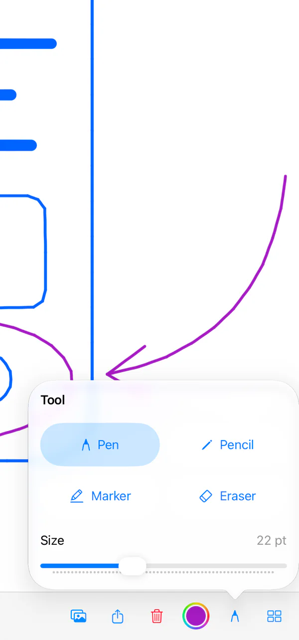 Crafter Draw tool picker on iPad over a sketch: Pen selected, Pencil, Marker and Eraser, the Size slider at 22 pt, and the purple stroke colour in the toolbar