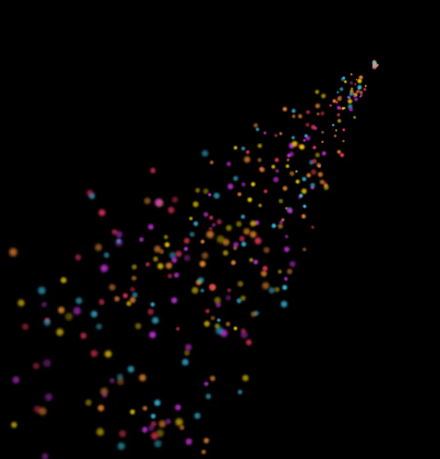 Crafter Fireworks on iPad in the Colorful mood, caught mid-drag: a trail of pink, purple, cyan, orange and yellow sparks fans out from the bottom-left of the canvas to a fine point under the finger at the top right