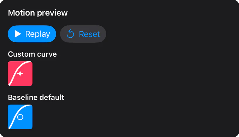 Crafter Motion Motion preview on iPad: Replay and Reset buttons, a custom curve and a baseline default