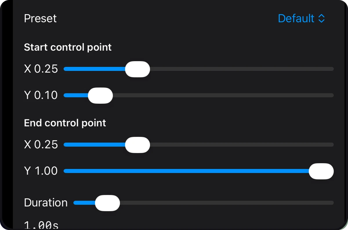 Crafter Motion on iPad: the Default preset with sliders for start control point X 0.25 and Y 0.10, end control point X 0.25 and Y 1.00, and a duration of 1.00 seconds