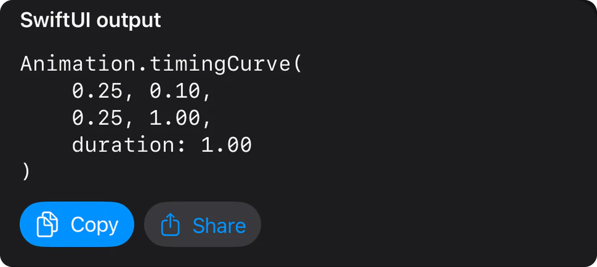 Crafter Motion SwiftUI output on iPad: Animation.timingCurve with 0.25, 0.10, 0.25, 1.00 and duration 1.00, with Copy and Share buttons