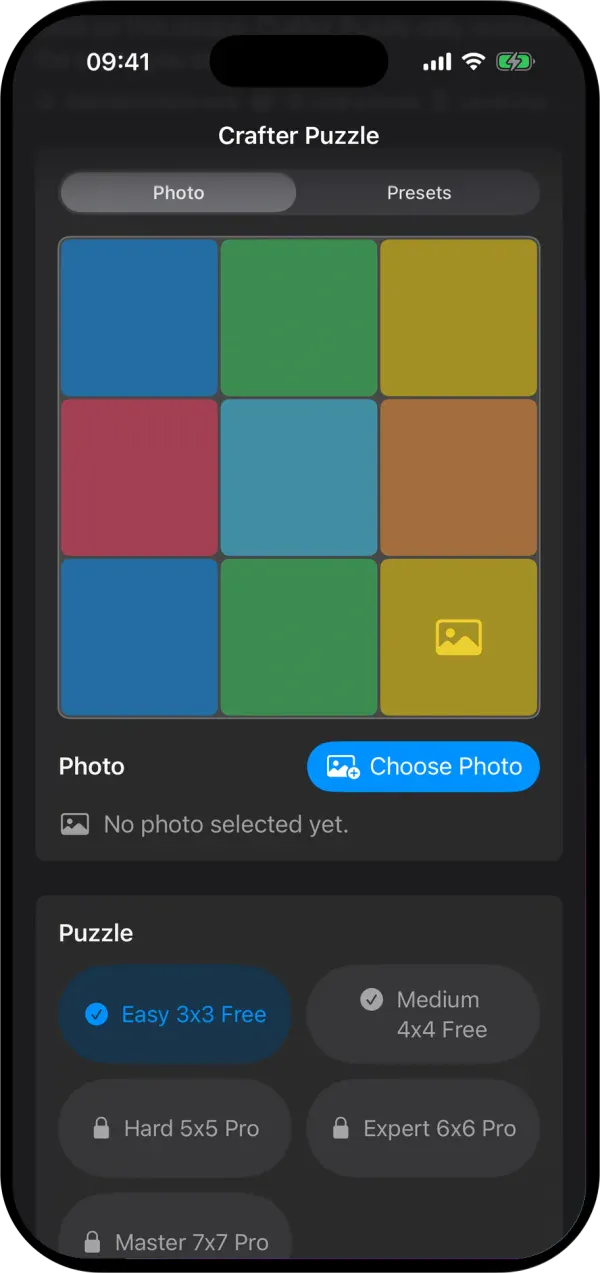 Crafter Puzzle Photo tab with a Choose Photo button and puzzle sizes: Easy 3×3 and Medium 4×4 free, larger boards locked