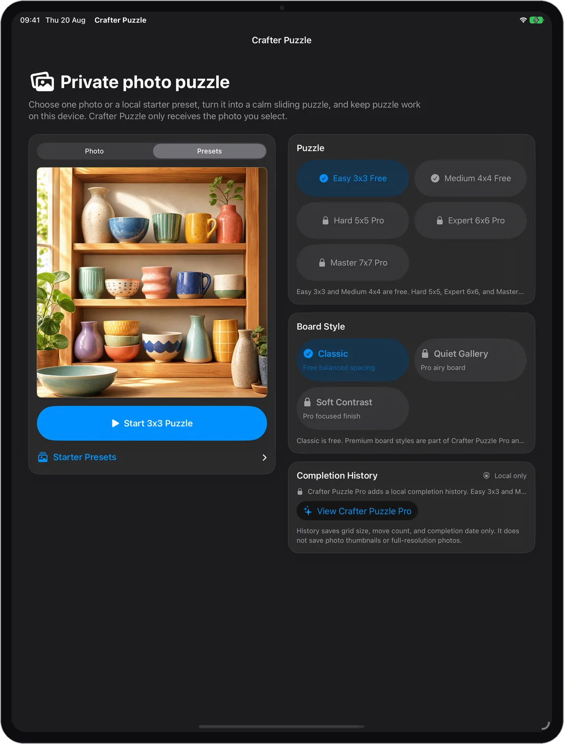 Crafter Puzzle on iPad: the Pottery Shelf preset with a Start 3×3 Puzzle button on the left; puzzle sizes, board styles and completion history on the right, the larger boards and two styles locked
