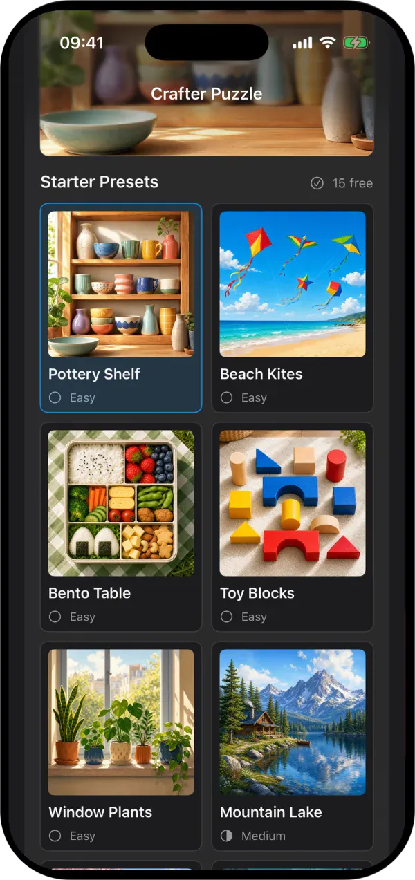Crafter Puzzle Starter Presets: Pottery Shelf, Beach Kites, Bento Table, Toy Blocks, Window Plants and Mountain Lake