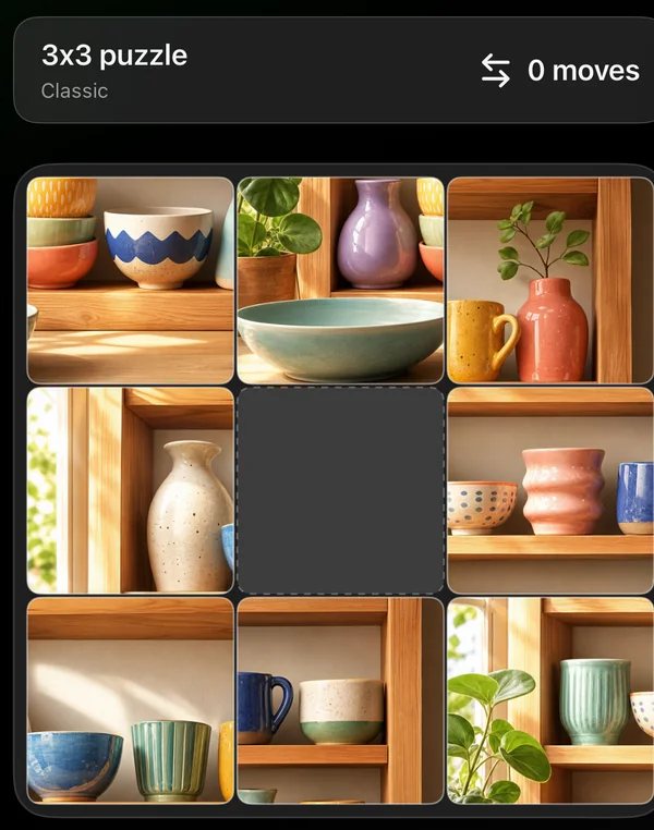 A 3 by 3 Crafter Puzzle board on iPhone as the app dealt it: the Pottery Shelf picture scrambled, the space in the middle, 0 moves