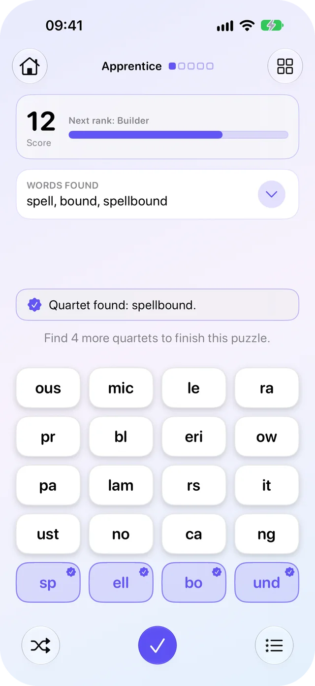 The same board after a quartet: Words Found lists spell, bound and spellbound, a banner reads Quartet found: spellbound, and sp, ell, bo and und sit together in the bottom row, each with a check mark