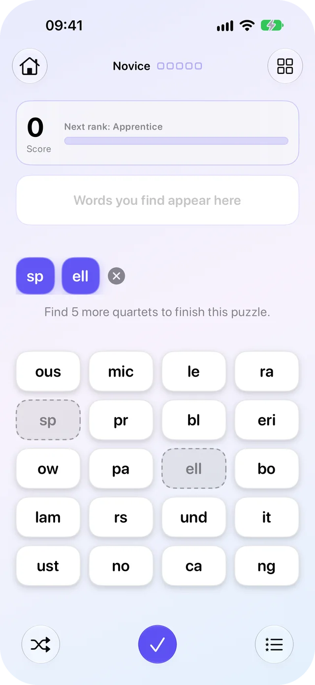Crafter Quartet pre-release build on iPhone: the fragments sp and ell sit in a tray above a board of twenty fragments, their two places on the board left as dashed outlines, under the line Find 5 more quartets to finish this puzzle