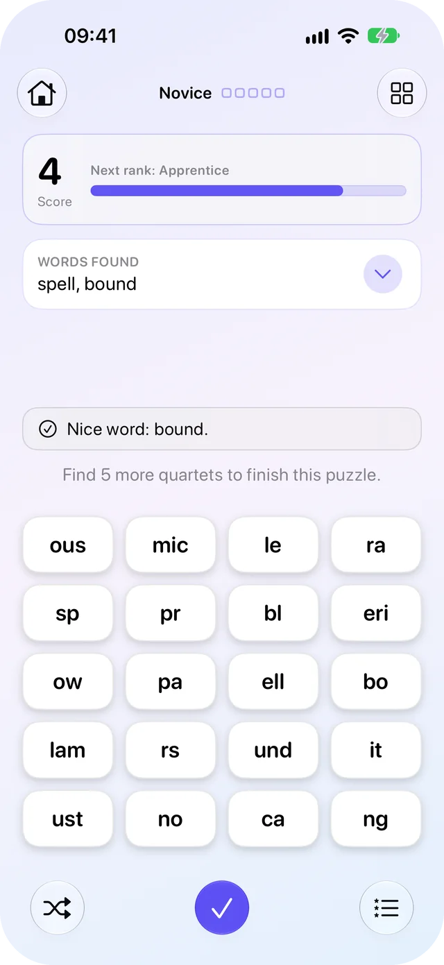 The same board after two words: Words Found lists spell and bound, a banner reads Nice word: bound, and all twenty fragments are back on the board