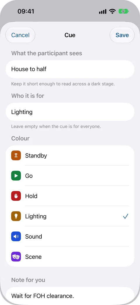 CueMesh pre-release build on iPhone: the cue editor with the title House to half under What the participant sees, the role Lighting under Who it is for, six colours each with its own symbol, Standby, Go, Hold, Lighting, Sound and Scene, and a private Note for you