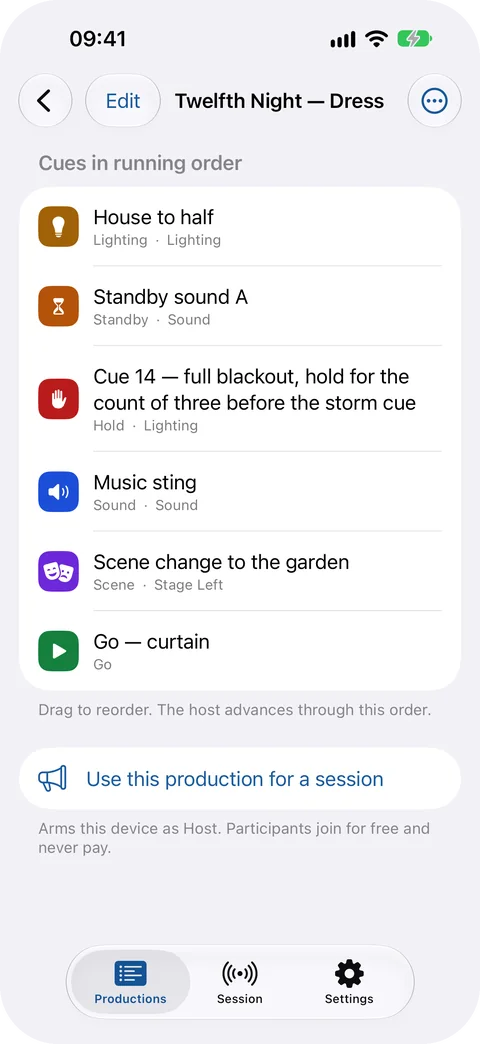 CueMesh pre-release build on iPhone: the production Twelfth Night, Dress, with six cues in running order, each marked with a coloured symbol for its kind and a role, from House to half to Go, curtain, above a button reading Use this production for a session