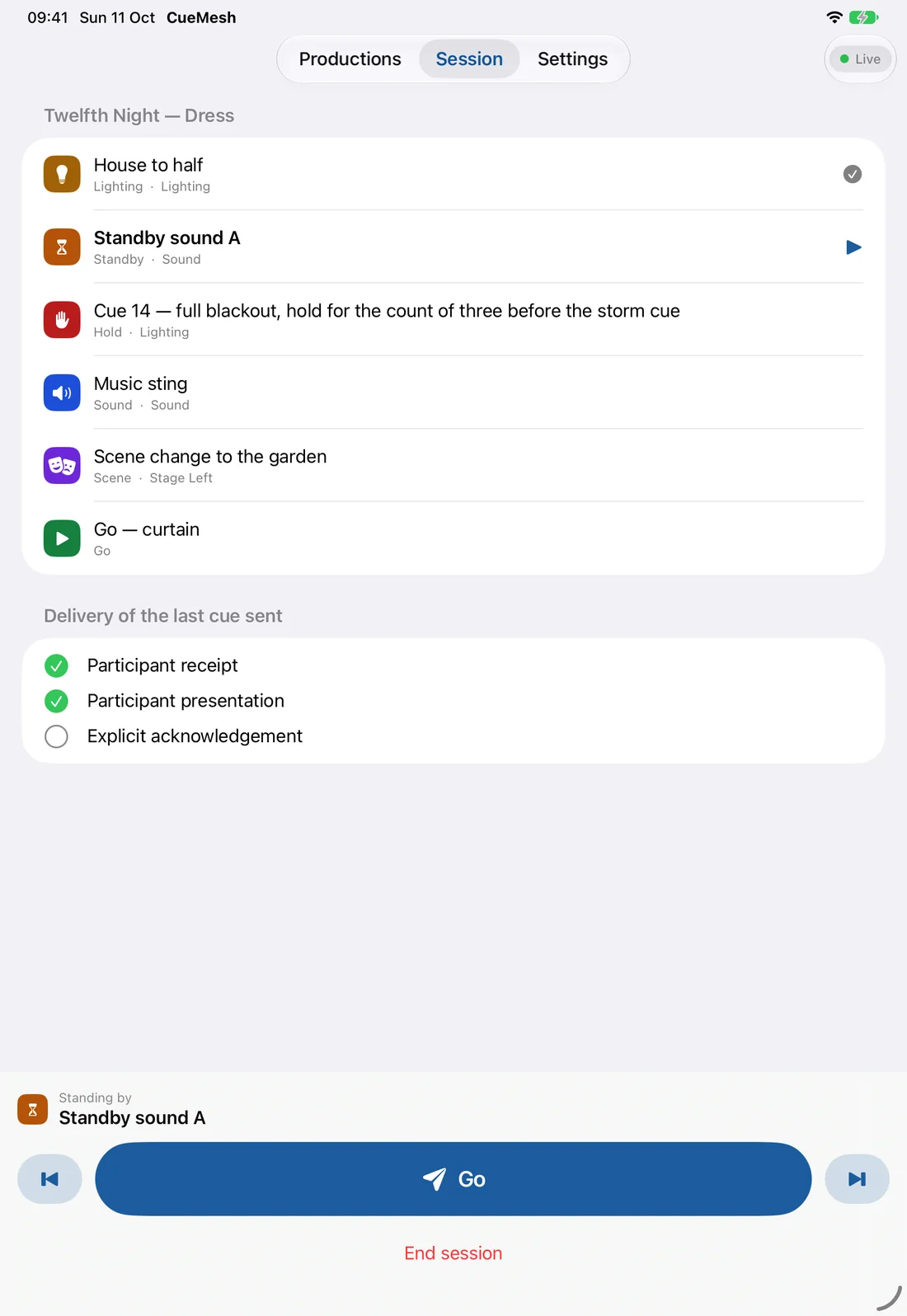 CueMesh pre-release build as Host: the Twelfth Night dress cue list above Delivery of the last cue sent, where Participant receipt and Participant presentation are ticked and Explicit acknowledgement is still open, with Standby sound A standing by and a Go button