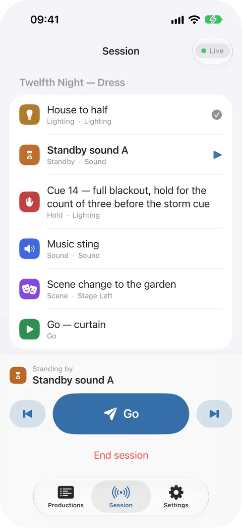 CueMesh pre-release build on iPhone as Host: the Twelfth Night dress cue list with House to half marked as sent, Standby sound A standing by, a Live indicator and a Go button