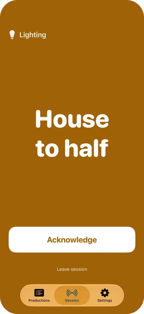 CueMesh pre-release build on iPhone as Participant: the Lighting cue House to half filling the screen in amber, above an Acknowledge button