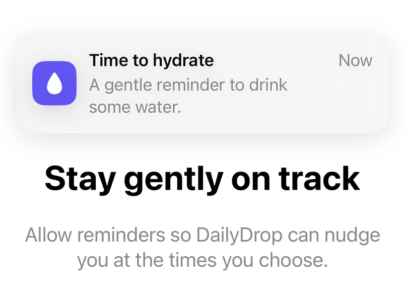 From Daily Drop’s setup: an example notification reading Time to hydrate, A gentle reminder to drink some water, above the heading Stay gently on track and the line Allow reminders so DailyDrop can nudge you at the times you choose