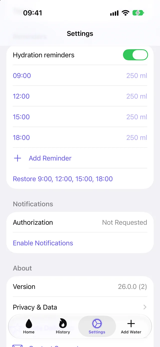 Daily Drop pre-release build on iPhone: reminder settings with Hydration reminders switched on, times at 09:00, 12:00, 15:00 and 18:00, an Add Reminder button and notification permission not yet requested
