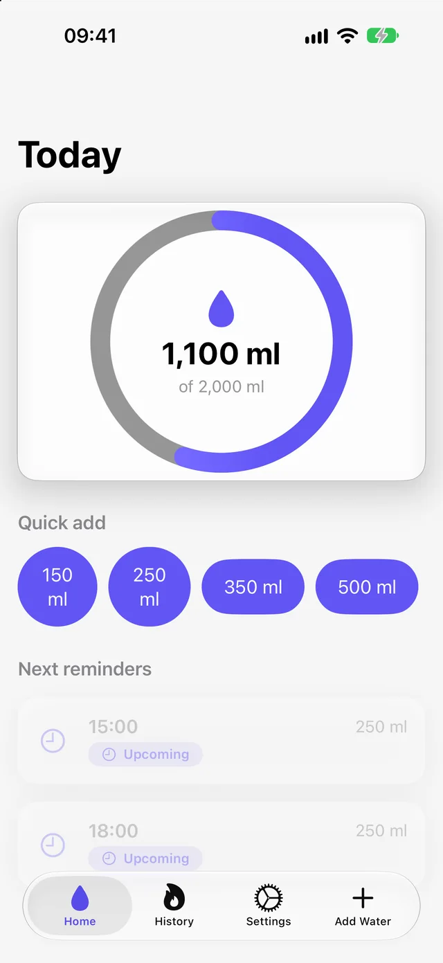 Daily Drop pre-release build on iPhone: the Today screen with 1,100 ml of a 2,000 ml goal on the progress ring, Quick add buttons for 150, 250, 350 and 500 ml, and upcoming reminders at 15:00 and 18:00