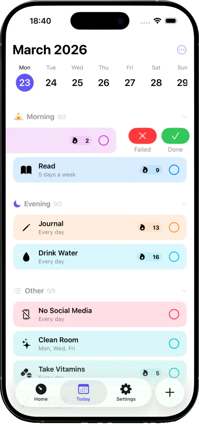 Done’s Today list for March 23, grouped into Morning, Evening and Other habits, with Failed and Done actions revealed on one habit