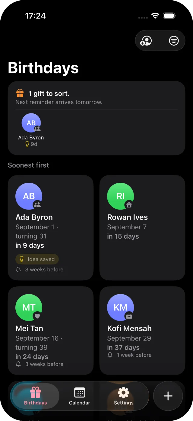 Giftahead on iPhone: the Birthdays list with countdowns and a gift to sort