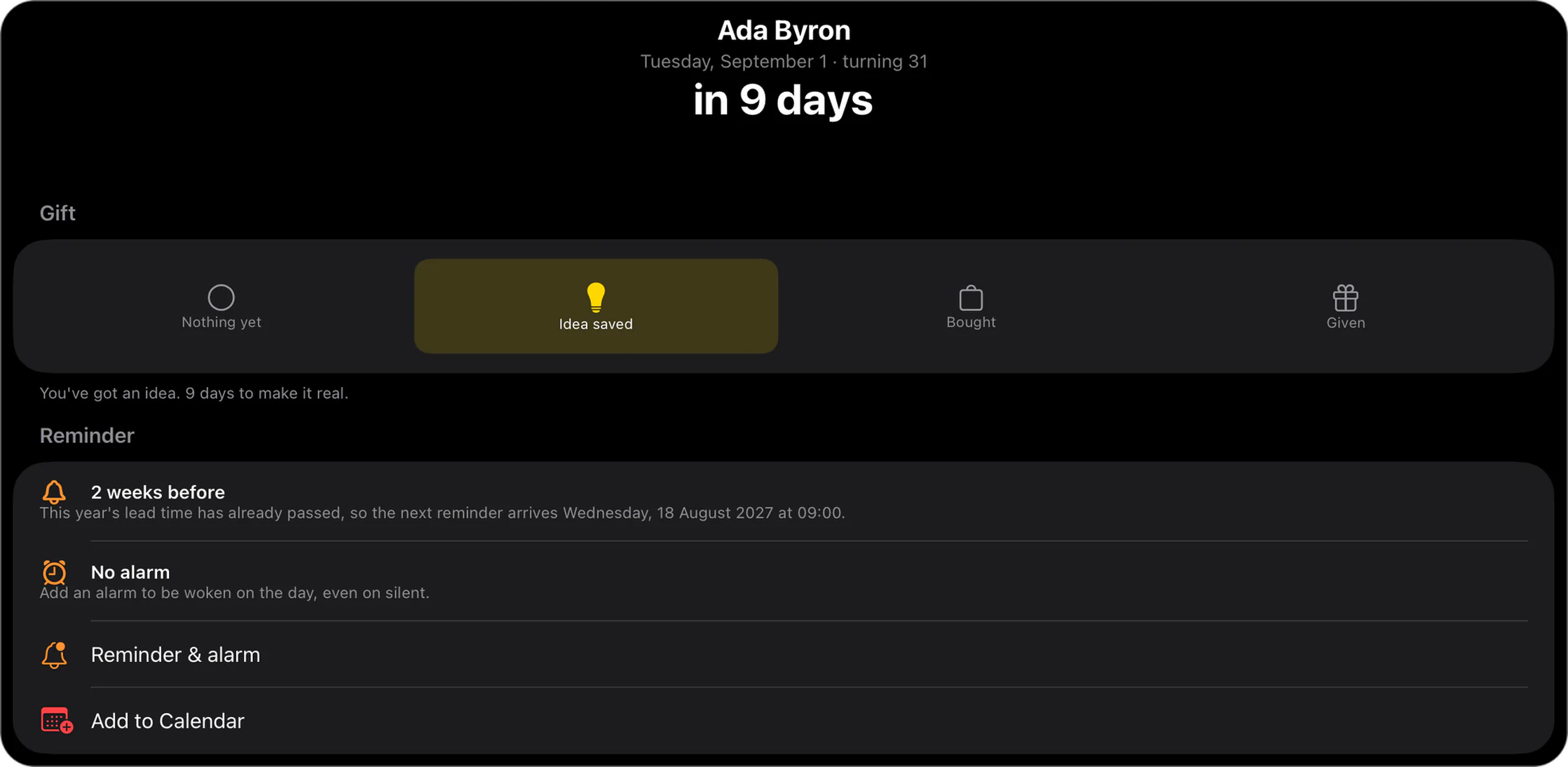 Ada Byron’s birthday in Giftahead: in 9 days, gift status set to Idea saved, reminder 2 weeks before