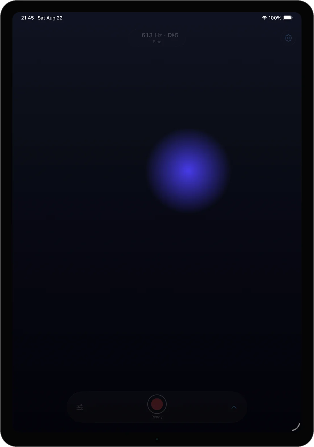 Airwave’s pad on iPad: a full-screen dark surface with one indigo glow under the finger, playing 613 Hz, D sharp 5, on a sine wave