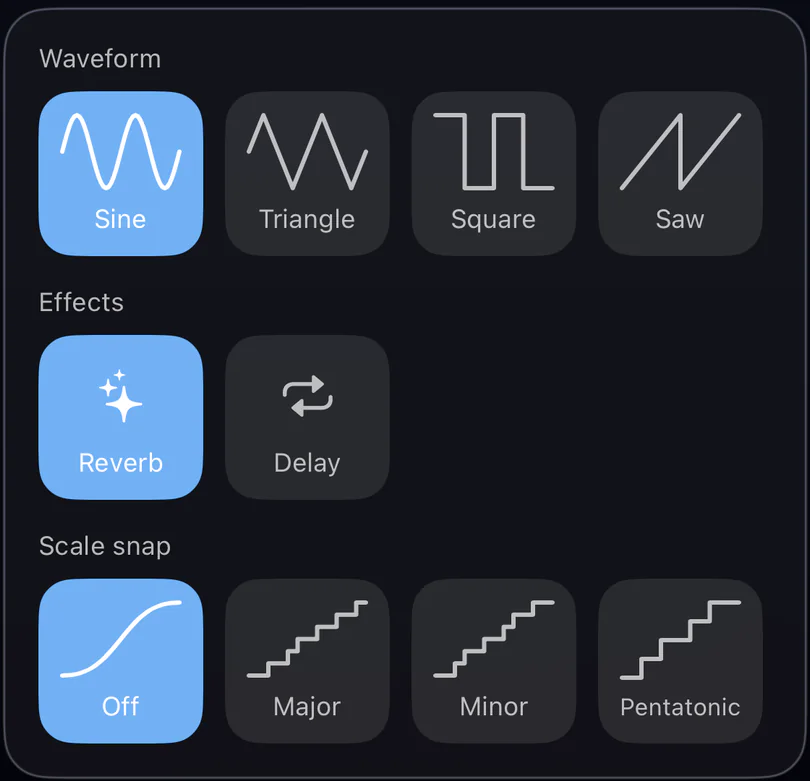 Airwave sound panel: Sine, Triangle, Square and Saw waveforms; Reverb and Delay effects; scale snap Off, Major, Minor and Pentatonic