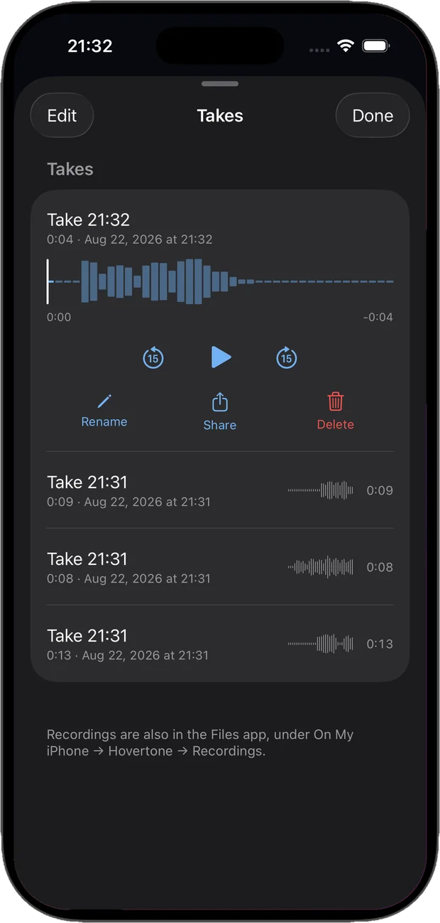 Airwave’s takes library on iPhone: four recorded takes, the newest open with its waveform, a scrubber, play and 15-second skip buttons, and Rename, Share and Delete