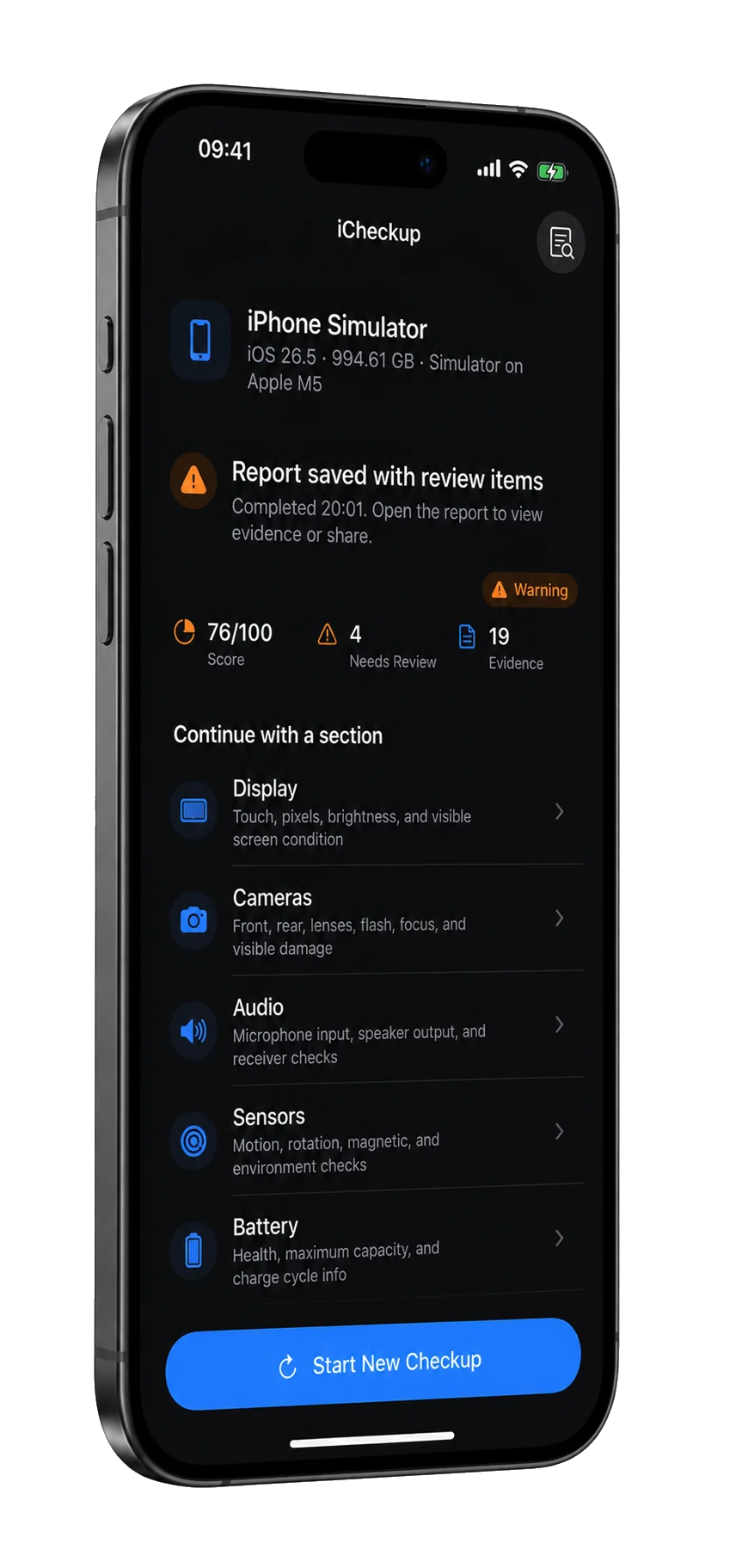 iCheckup showing a used phone inspection report with score, warnings, and evidence on iPhone