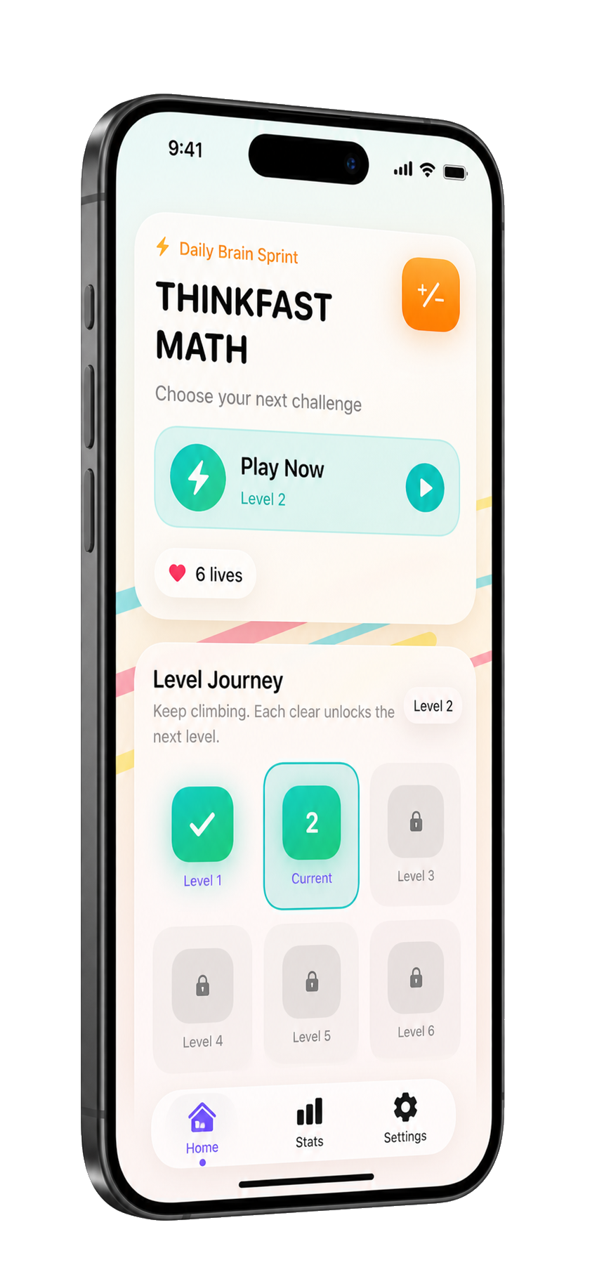 MathCraft showing the ThinkFast Math play screen and level journey on iPhone