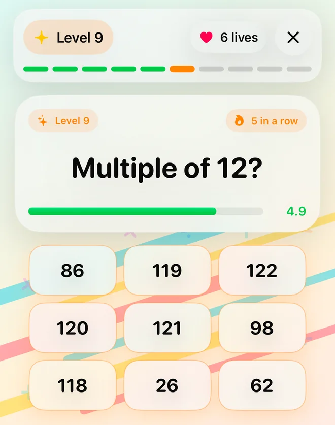 Think-Fast Math on iPhone at Level 9: the question Multiple of 12?, 4.9 seconds left on the timer, 5 in a row, and a 3 by 3 grid of 86, 119, 122, 120, 121, 98, 118, 26 and 62