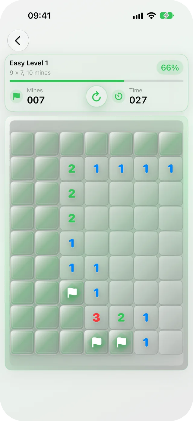 MinePocket pre-release build on iPhone: Easy Level 1, a 9 by 7 board with 10 mines, 66 percent cleared, numbered squares around an opened area, three flags placed and 7 mines left