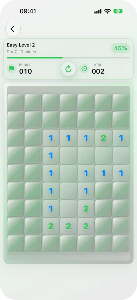 MinePocket after a single tap on a new Easy board: 24 squares open in the middle of the 9 by 7 grid, 45 percent cleared, 10 mines left
